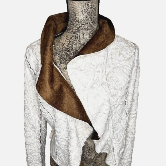 Jou Jou Faux Shearling Jacket Brown S Cream Open Front Moto Style Soft Lined - Picture 4 of 10